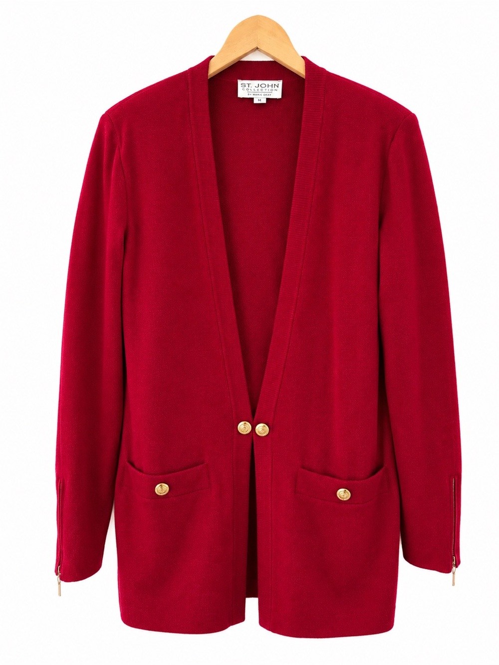 St. John Collection Marie Gray Red Santana Knit Long Cardigan Jacket Size Medium
